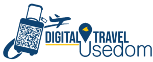 Logo Digital Travel Usedom Koffer Flugzeug Blau Gelb
